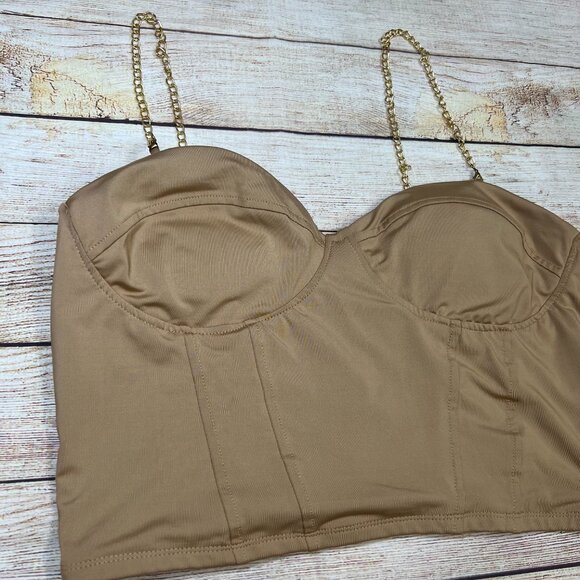 Julia Love By J Tan Nude Bustier Crop Top XL Gold Chain Straps Corset Style - Picture 10 of 11